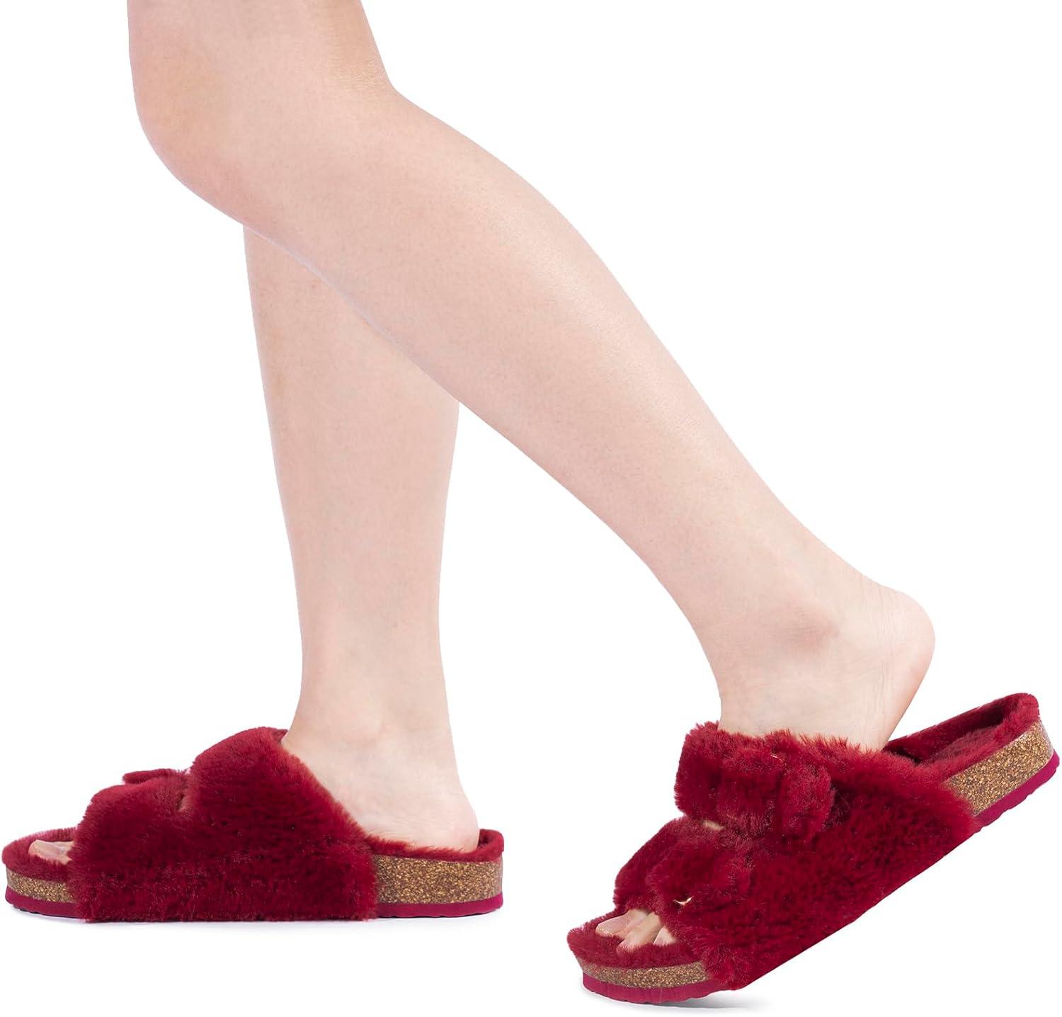 imageFITORY Womens Open Toe Slipper with Cozy LiningFaux Rabbit Fur Cork Slide Sandals Size 611Wine Red