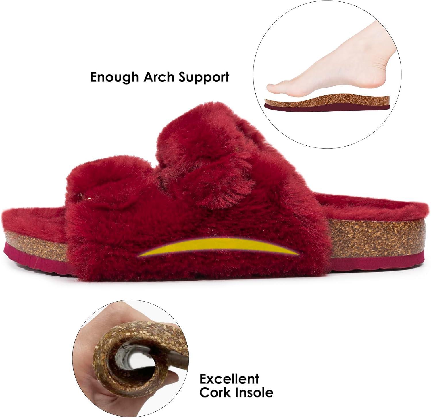 imageFITORY Womens Open Toe Slipper with Cozy LiningFaux Rabbit Fur Cork Slide Sandals Size 611Wine Red