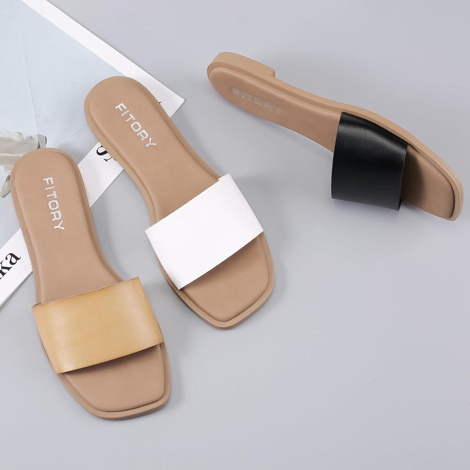imageFITORY Womens Slide Sandals Fashion Square Open Toe with Cushioned Footbed Slippers for Beach Size