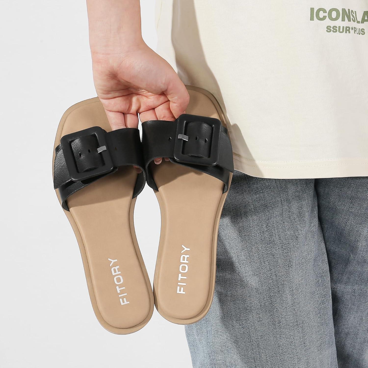 imageFITORY Womens Slide Sandals Fashion Square Open Toe with Cushioned Footbed Slippers for Beach SizeBlack Sw25