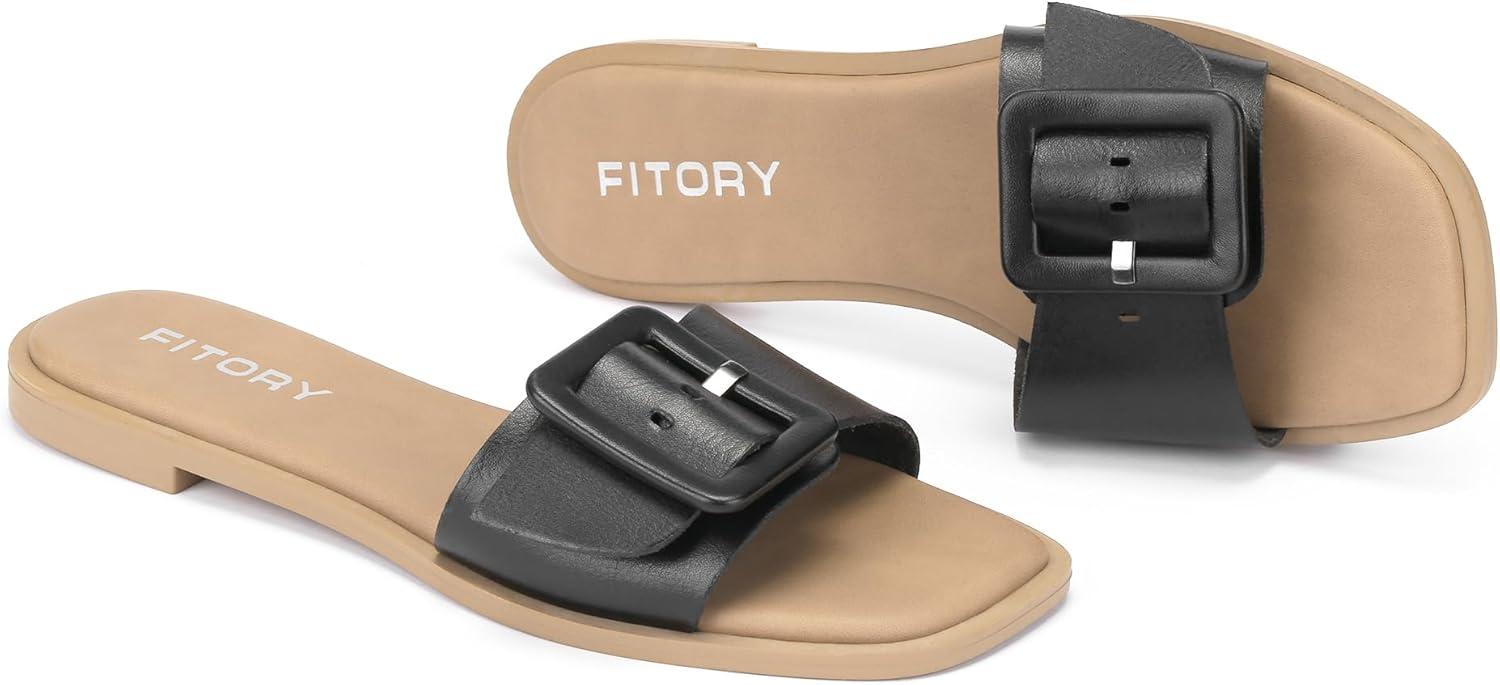 imageFITORY Womens Slide Sandals Fashion Square Open Toe with Cushioned Footbed Slippers for Beach SizeBlack Sw25