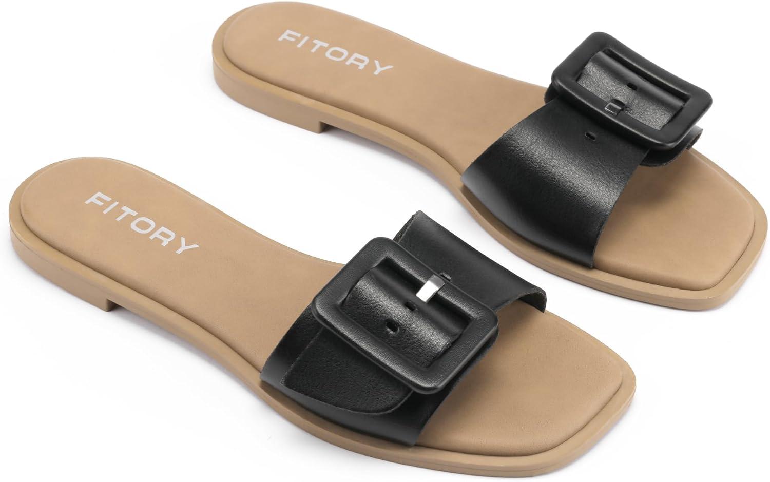imageFITORY Womens Slide Sandals Fashion Square Open Toe with Cushioned Footbed Slippers for Beach SizeBlack Sw25