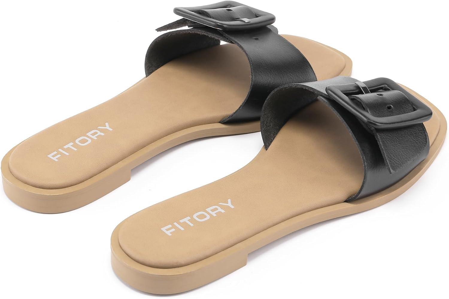 imageFITORY Womens Slide Sandals Fashion Square Open Toe with Cushioned Footbed Slippers for Beach SizeBlack Sw25