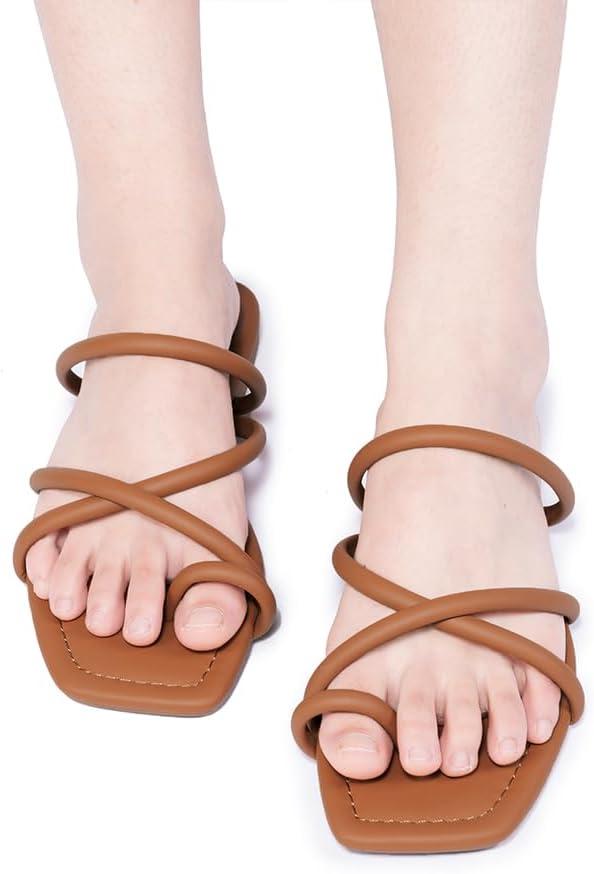 imageFITORY Womens Slide Sandals Flat Toe Ring Thongs with Cross Strap for Summer SizeAll Brown