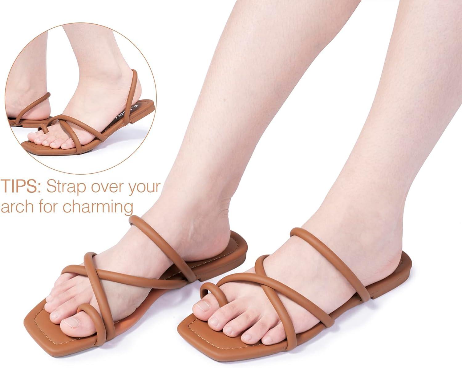 imageFITORY Womens Slide Sandals Flat Toe Ring Thongs with Cross Strap for Summer SizeAll Brown