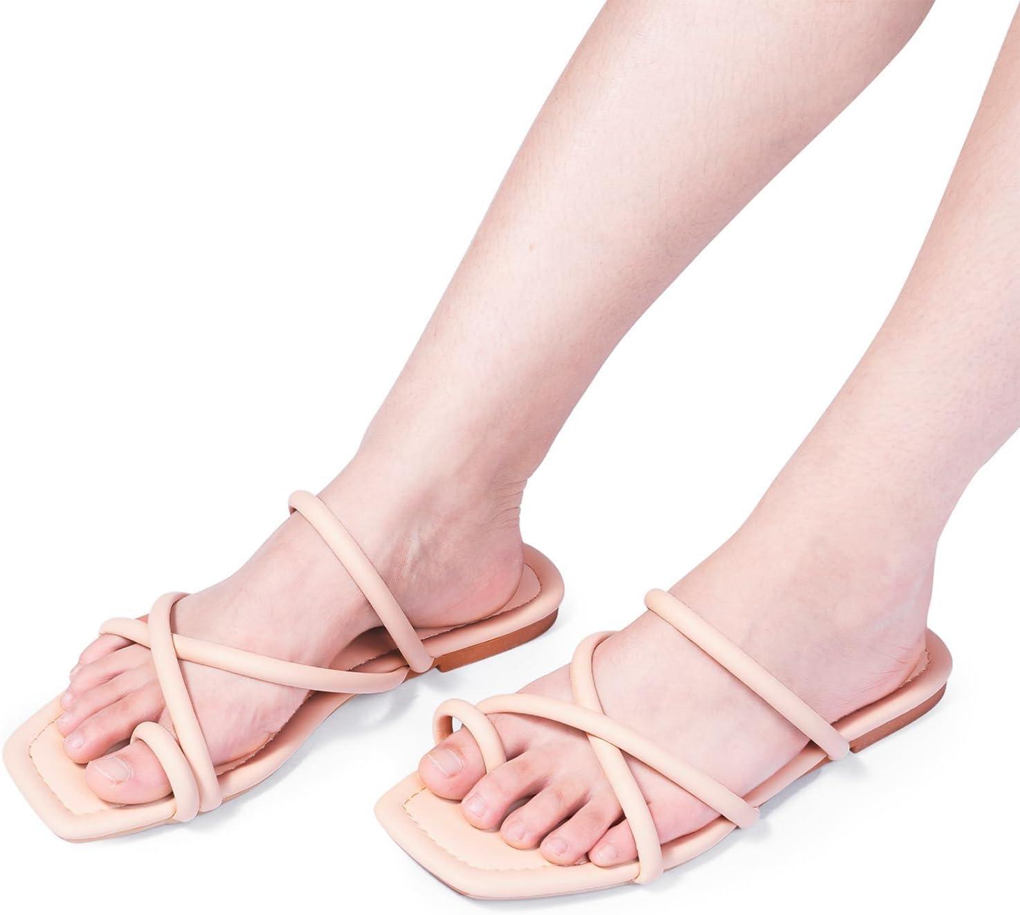 imageFITORY Womens Slide Sandals Flat Toe Ring Thongs with Cross Strap for Summer SizeAll Nude