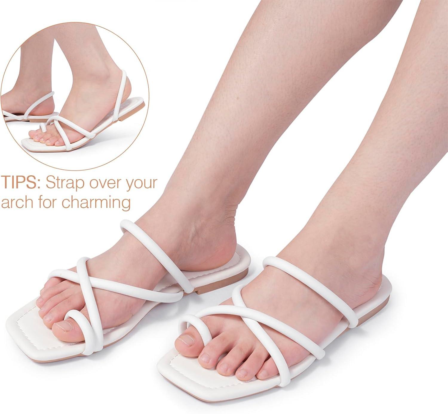 imageFITORY Womens Slide Sandals Flat Toe Ring Thongs with Cross Strap for Summer SizeAll White