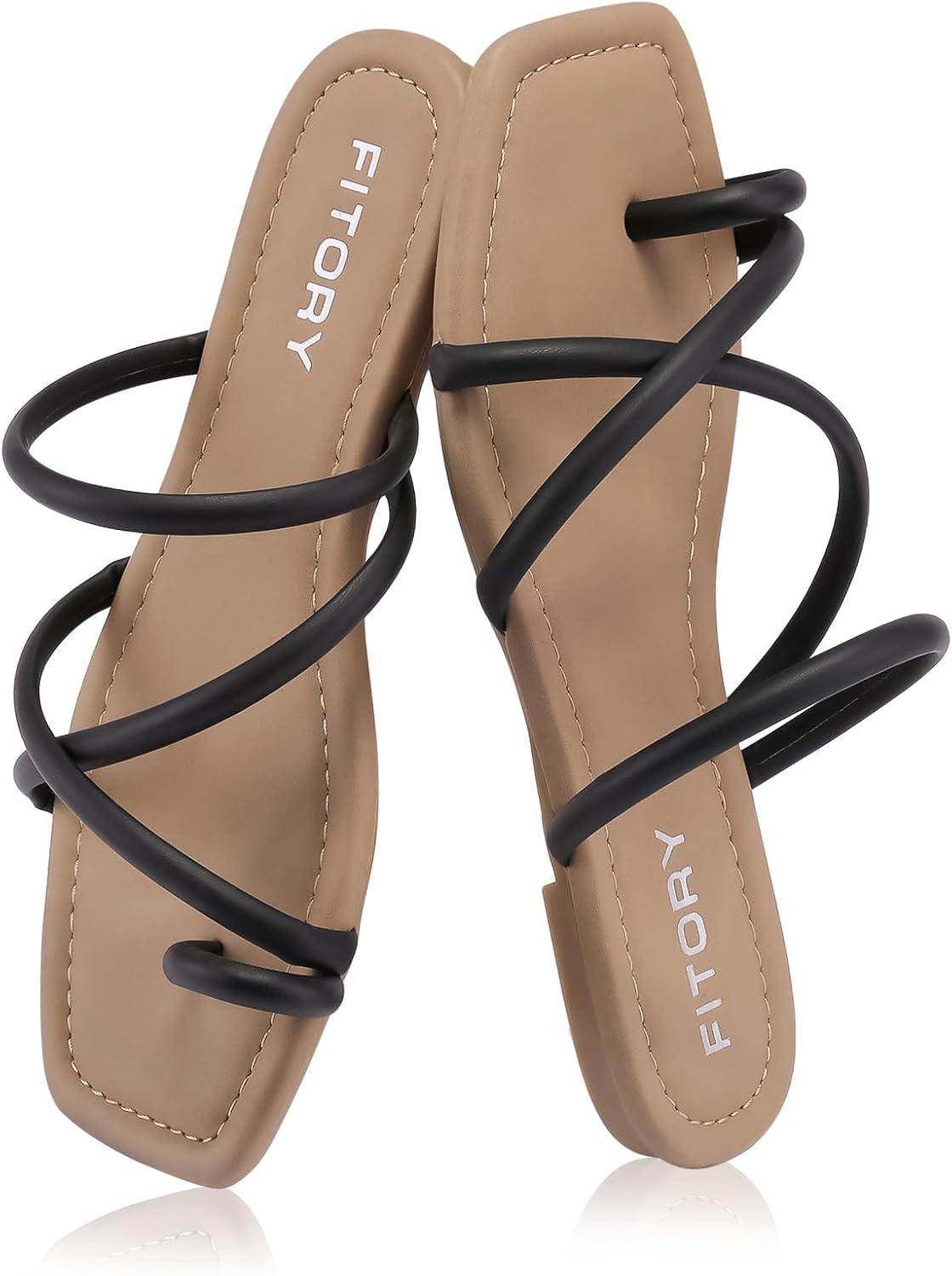 imageFITORY Womens Slide Sandals Flat Toe Ring Thongs with Cross Strap for Summer SizeBlack