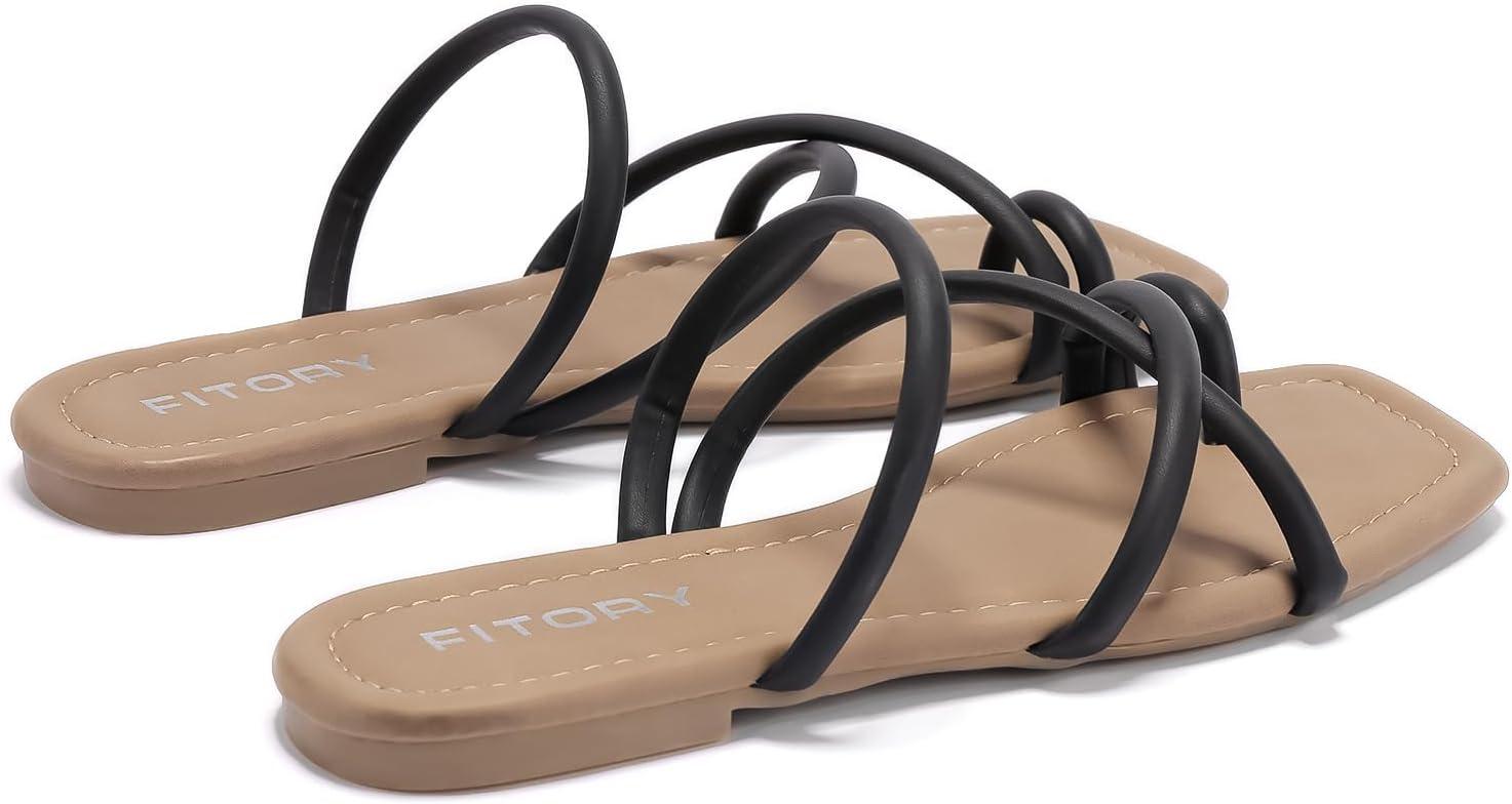 imageFITORY Womens Slide Sandals Flat Toe Ring Thongs with Cross Strap for Summer SizeBlack