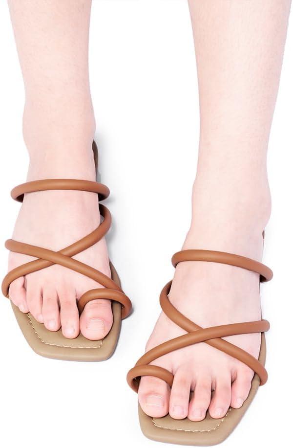 imageFITORY Womens Slide Sandals Flat Toe Ring Thongs with Cross Strap for Summer SizeBrown
