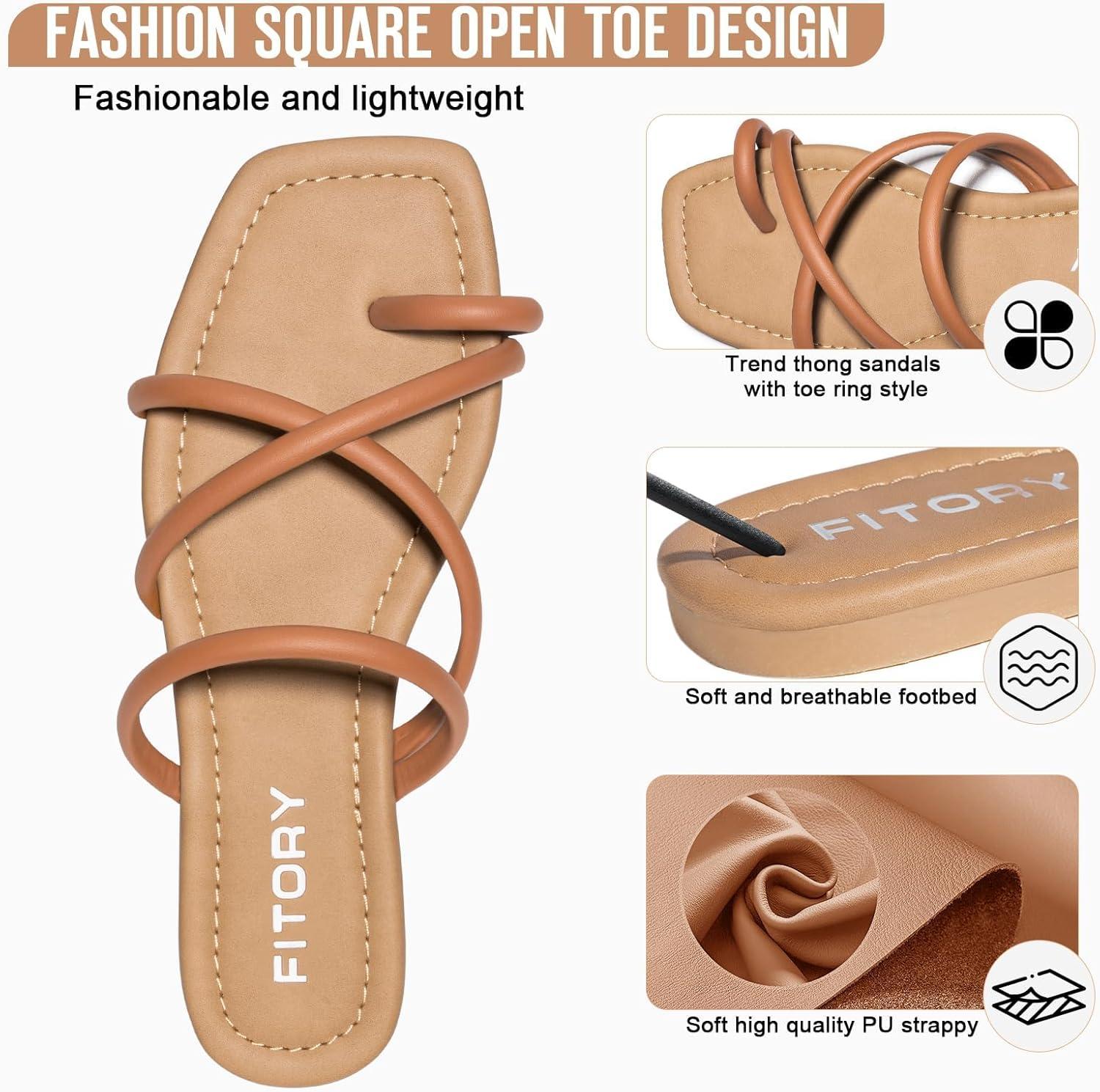 imageFITORY Womens Slide Sandals Flat Toe Ring Thongs with Cross Strap for Summer SizeBrown