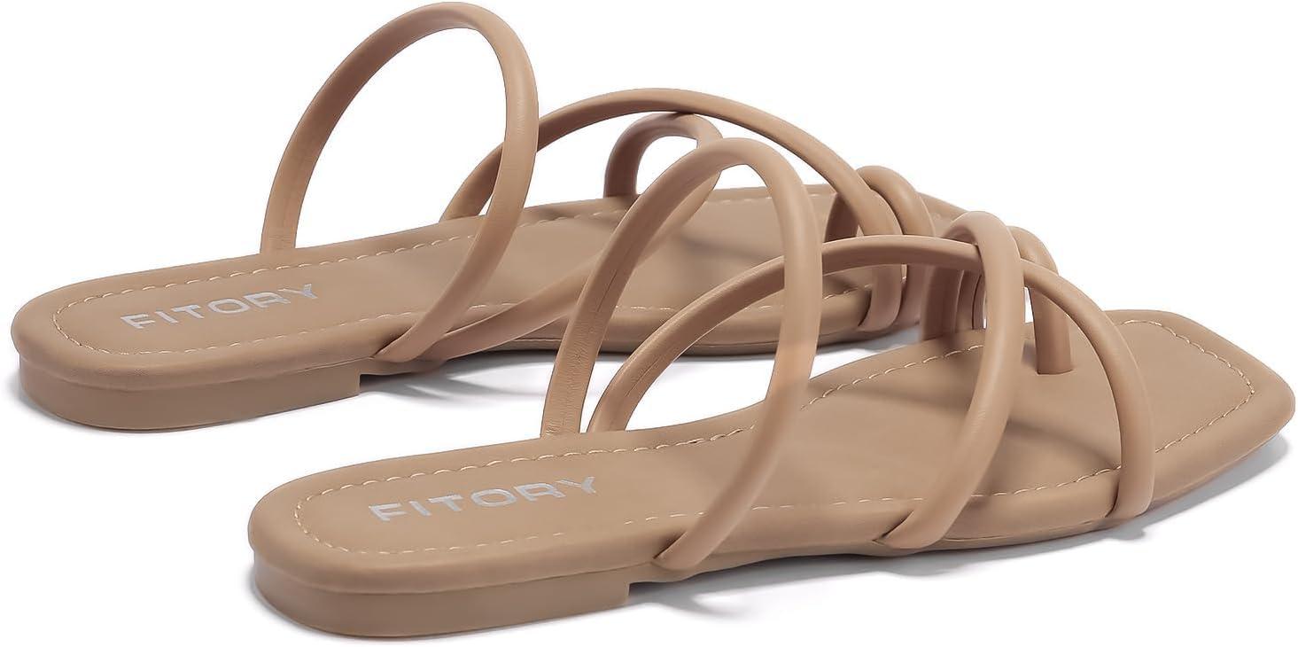 imageFITORY Womens Slide Sandals Flat Toe Ring Thongs with Cross Strap for Summer SizeCamel