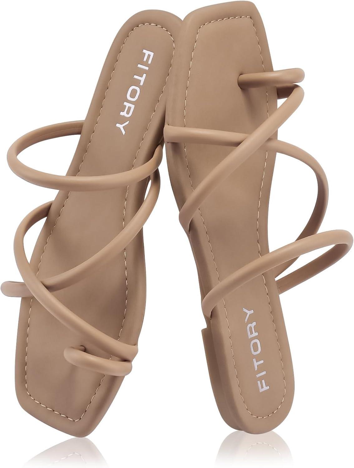 imageFITORY Womens Slide Sandals Flat Toe Ring Thongs with Cross Strap for Summer SizeCamel
