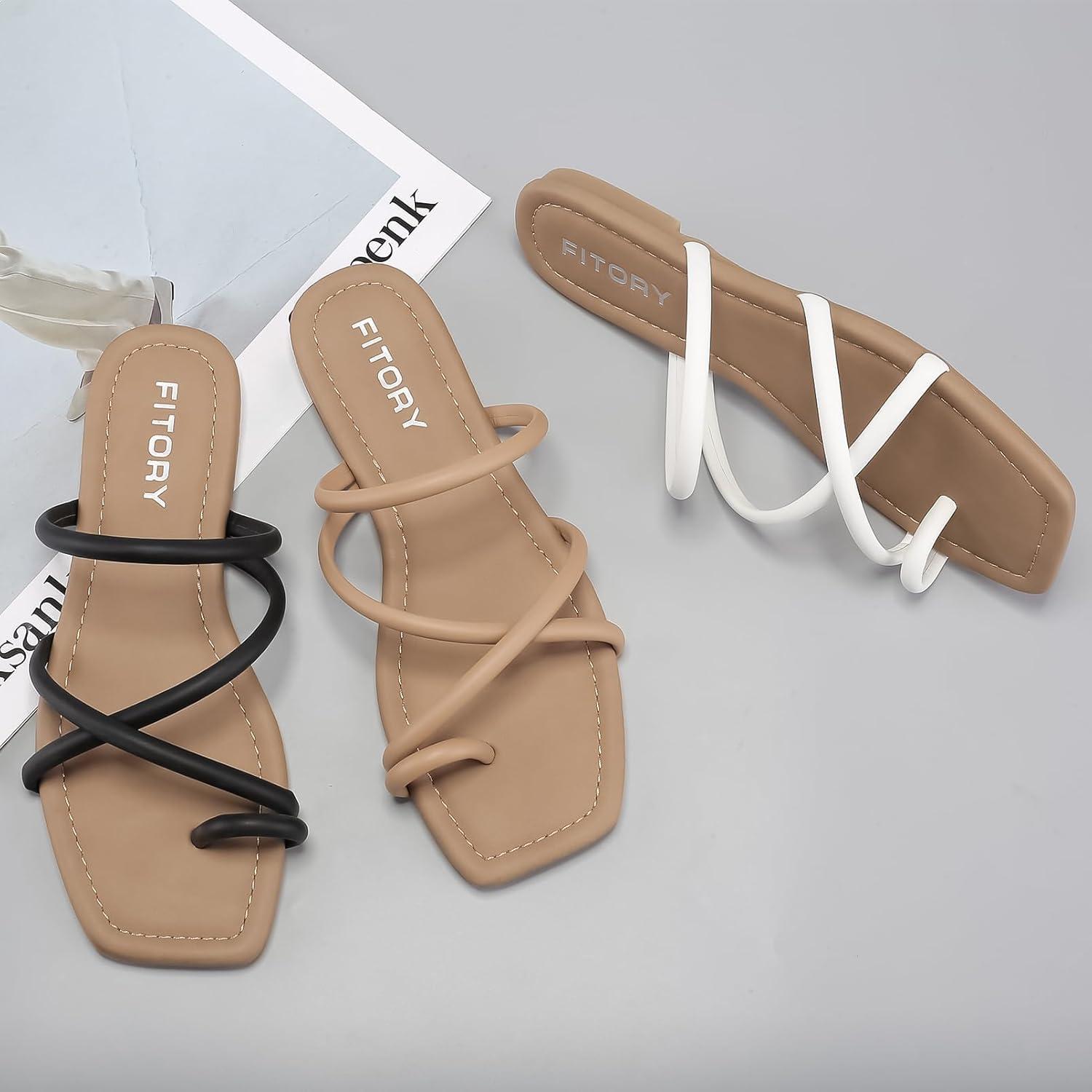 imageFITORY Womens Slide Sandals Flat Toe Ring Thongs with Cross Strap for Summer SizeCamel