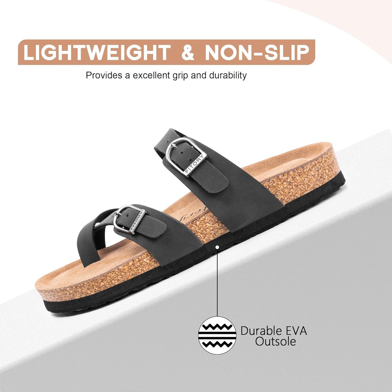 imageFITORY Womens Slide Sandals with Soft Cork Footbed Comfort Arch Support Flat Sandals for Summer Size 611Black