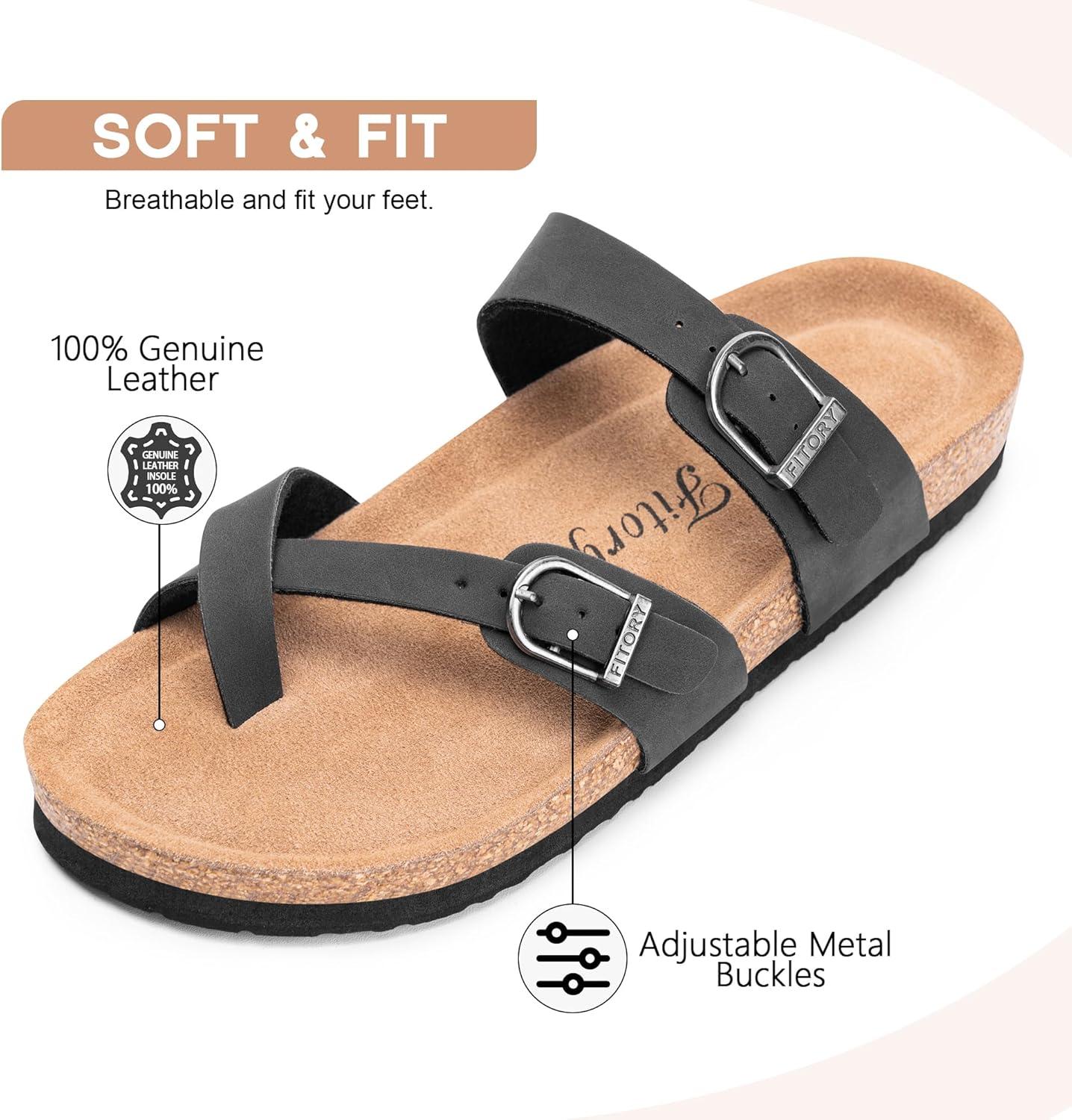 imageFITORY Womens Slide Sandals with Soft Cork Footbed Comfort Arch Support Flat Sandals for Summer Size 611Black