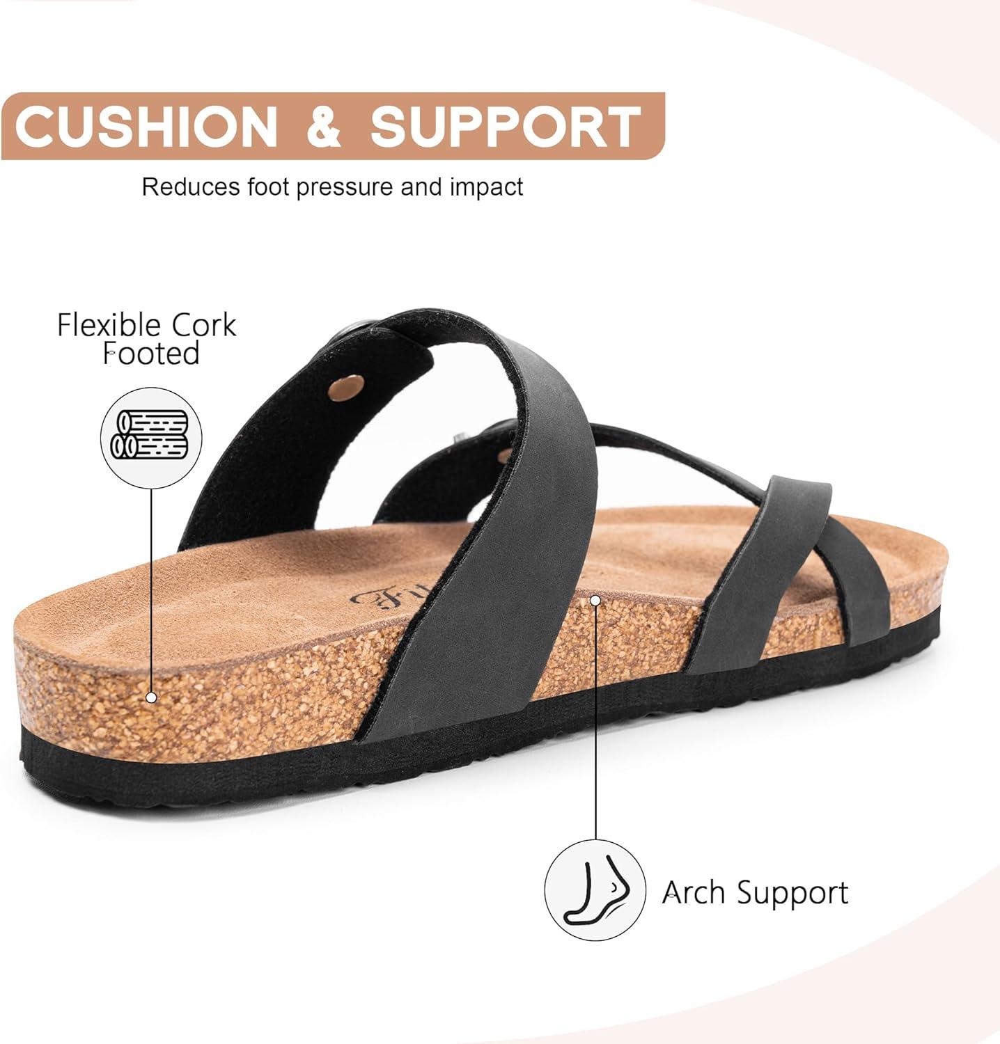 imageFITORY Womens Slide Sandals with Soft Cork Footbed Comfort Arch Support Flat Sandals for Summer Size 611Black