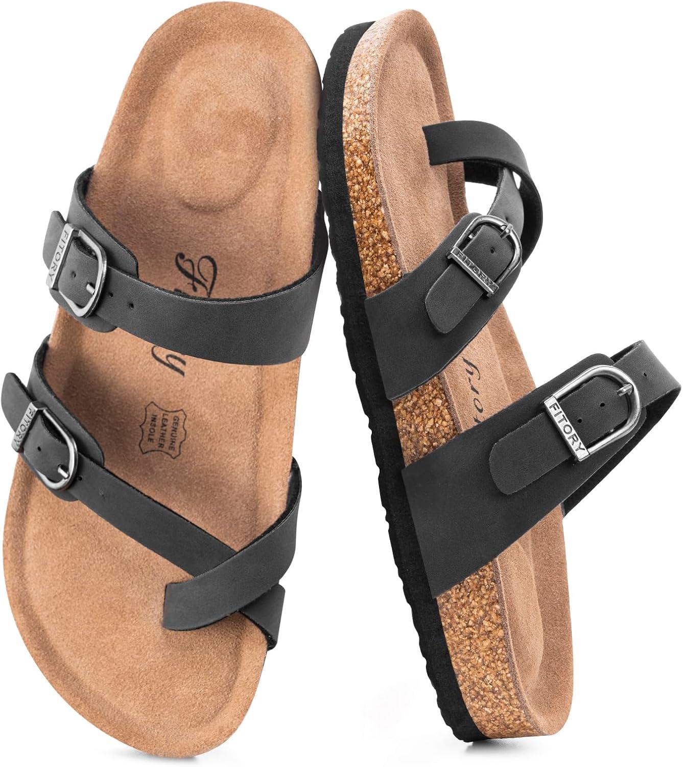 imageFITORY Womens Slide Sandals with Soft Cork Footbed Comfort Arch Support Flat Sandals for Summer Size 611Black