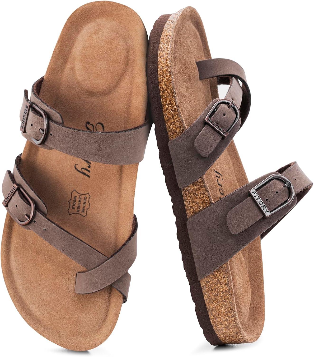 imageFITORY Womens Slide Sandals with Soft Cork Footbed Comfort Arch Support Flat Sandals for Summer Size 611Brown
