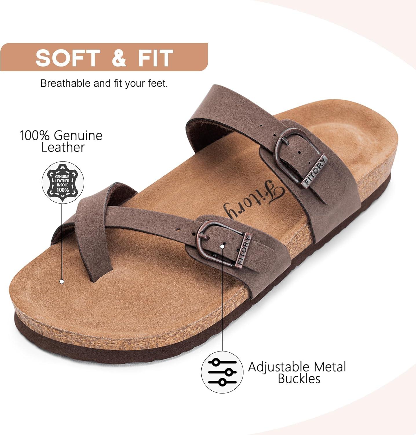imageFITORY Womens Slide Sandals with Soft Cork Footbed Comfort Arch Support Flat Sandals for Summer Size 611Brown