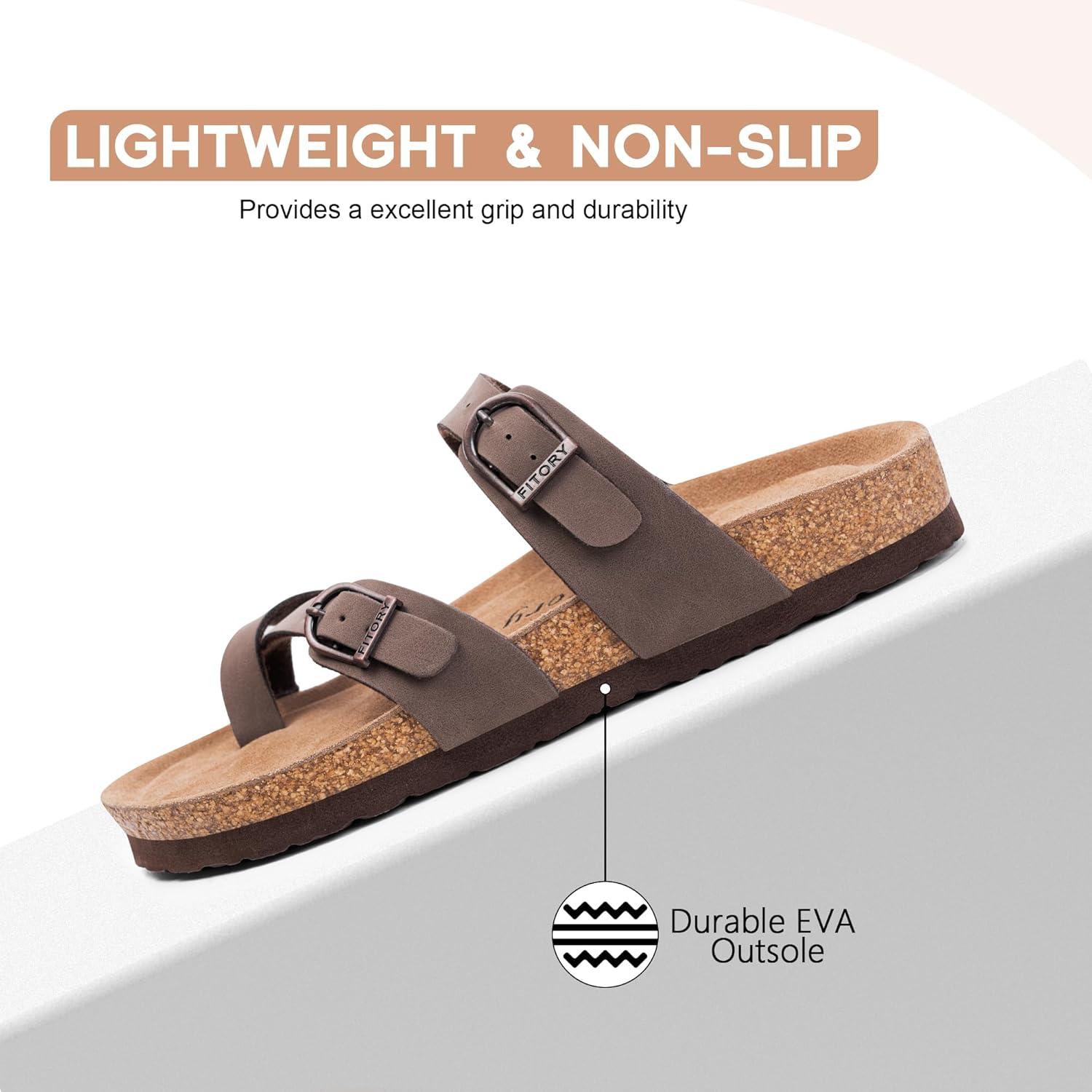 imageFITORY Womens Slide Sandals with Soft Cork Footbed Comfort Arch Support Flat Sandals for Summer Size 611Brown