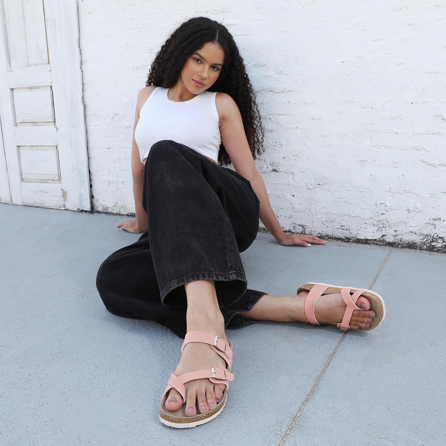 imageFITORY Womens Slide Sandals with Soft Cork Footbed Comfort Arch Support Flat Sandals for Summer Size 611Pink