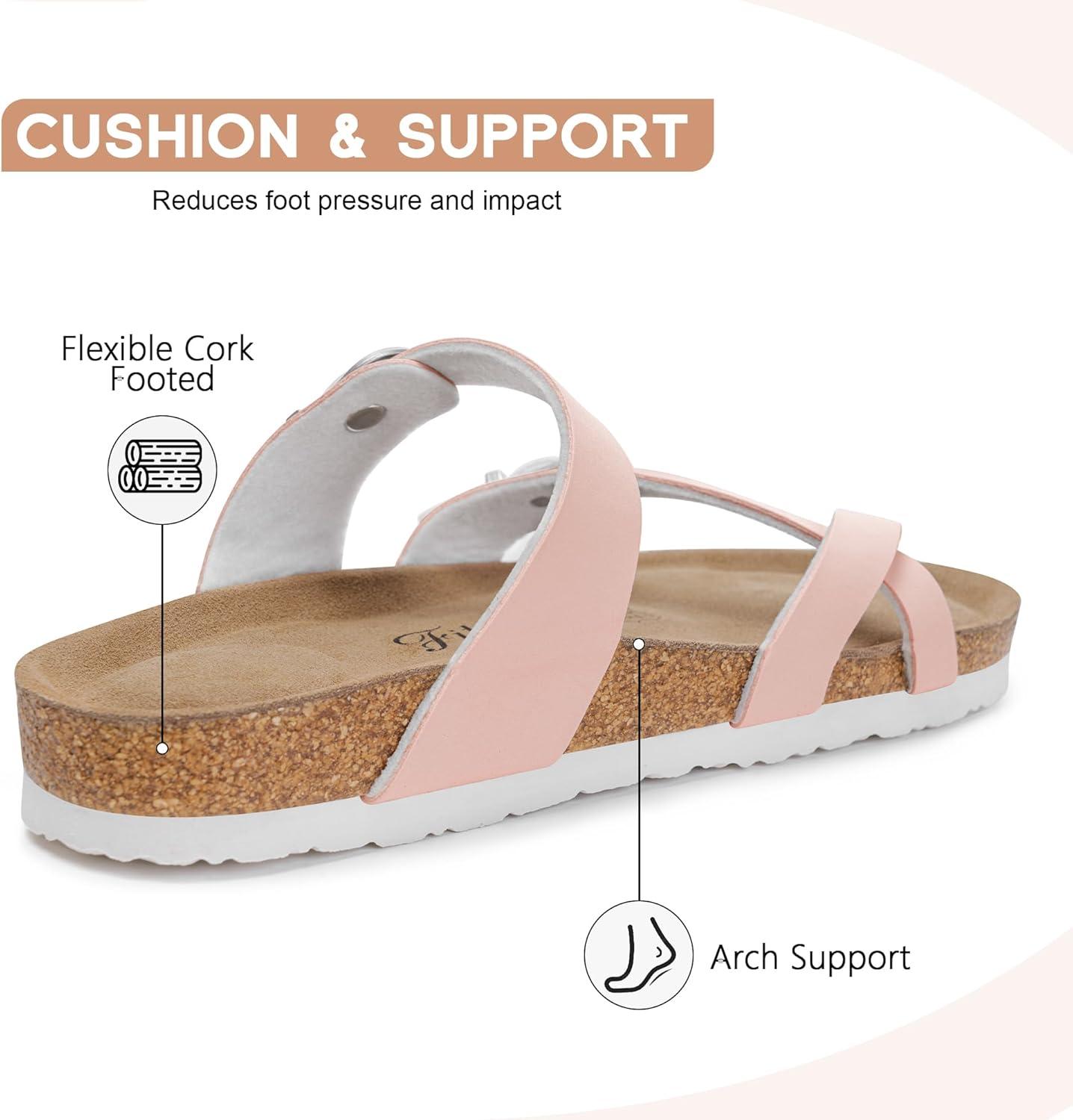 imageFITORY Womens Slide Sandals with Soft Cork Footbed Comfort Arch Support Flat Sandals for Summer Size 611Pink