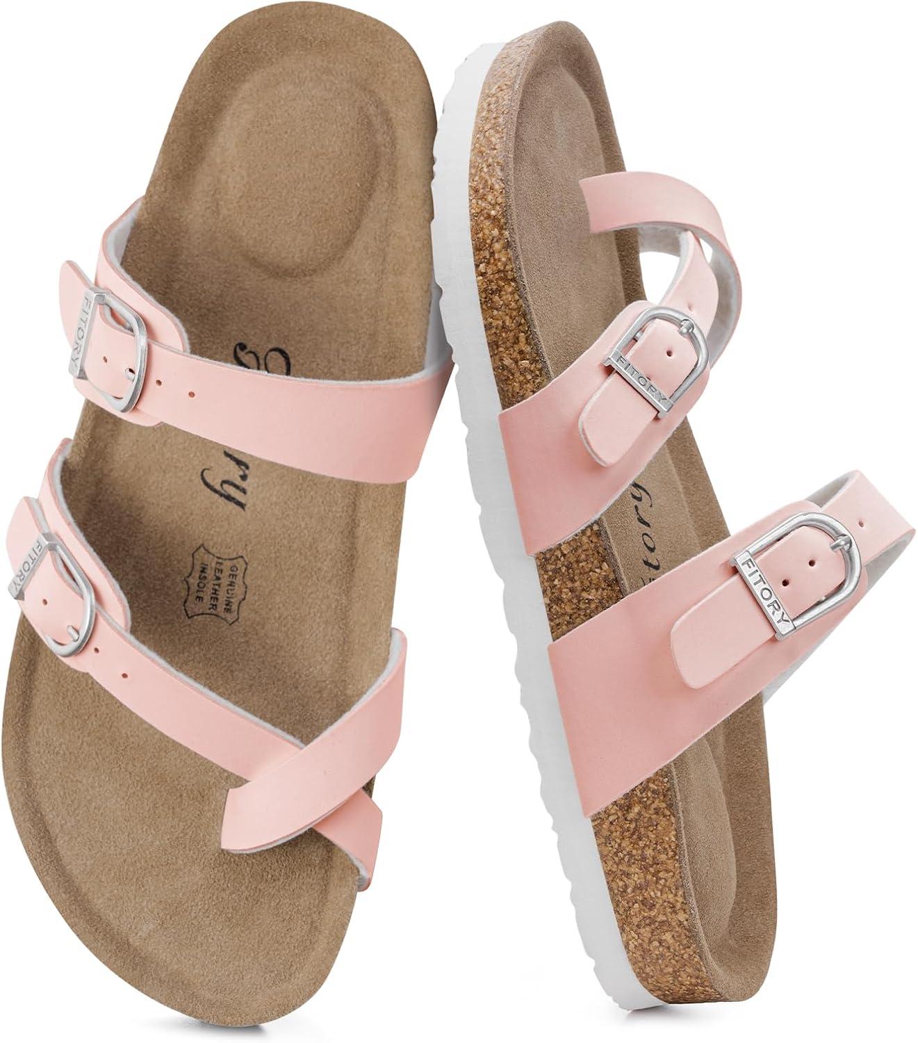 imageFITORY Womens Slide Sandals with Soft Cork Footbed Comfort Arch Support Flat Sandals for Summer Size 611Pink