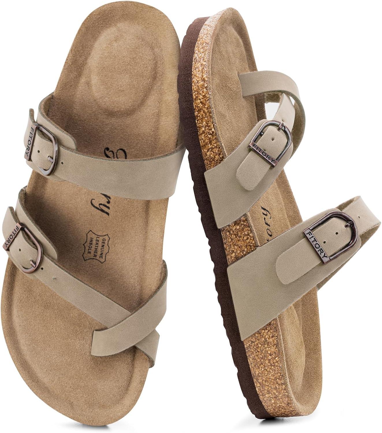 imageFITORY Womens Slide Sandals with Soft Cork Footbed Comfort Arch Support Flat Sandals for Summer Size 611Stone