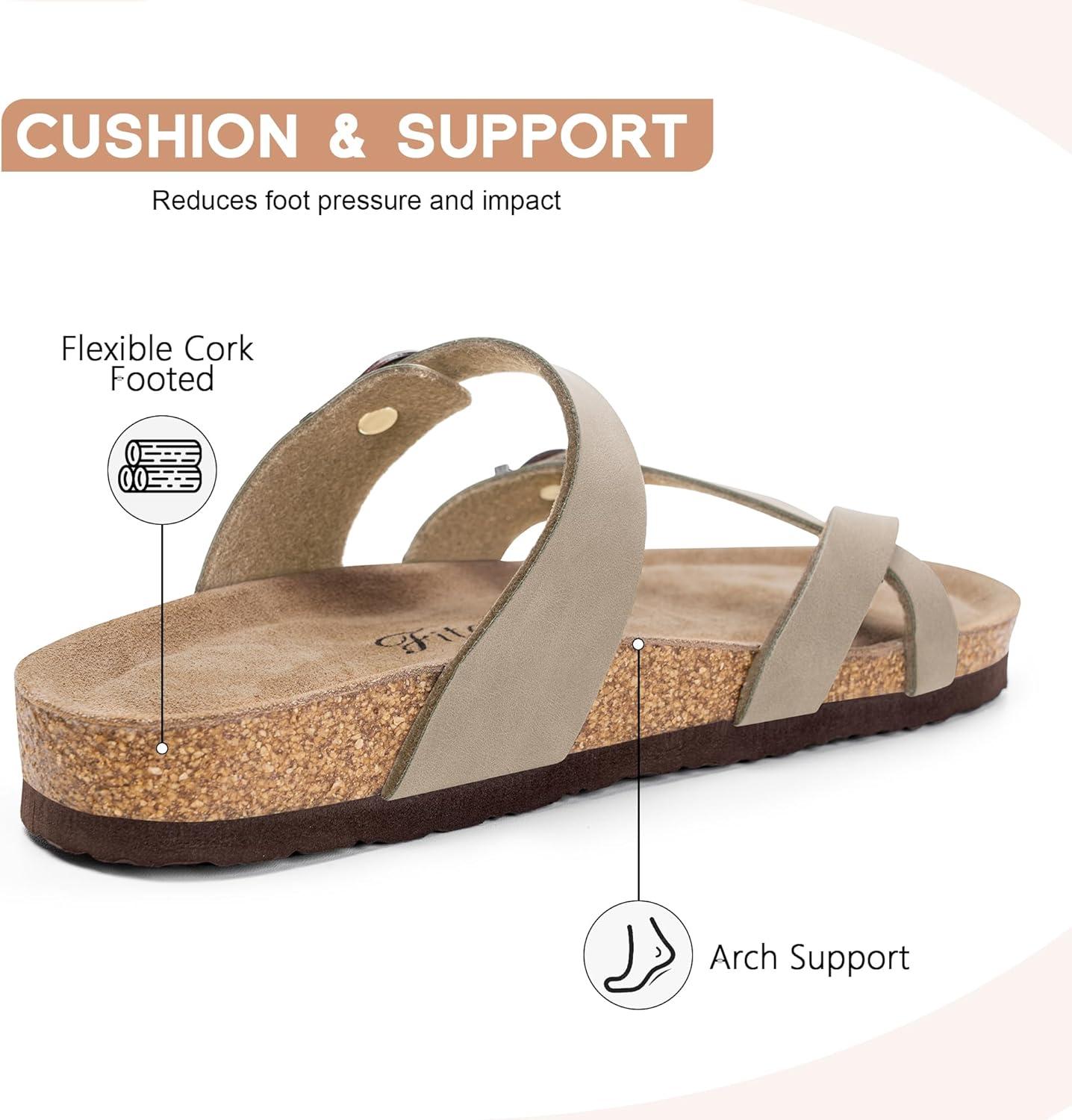 imageFITORY Womens Slide Sandals with Soft Cork Footbed Comfort Arch Support Flat Sandals for Summer Size 611Stone