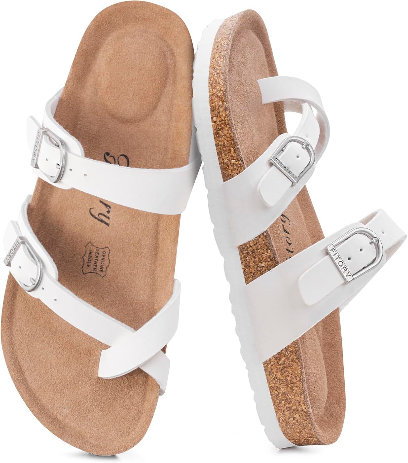 imageFITORY Womens Slide Sandals with Soft Cork Footbed Comfort Arch Support Flat Sandals for Summer Size 611White