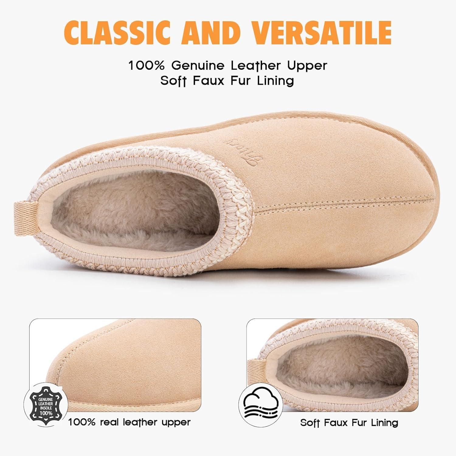 imageFITORY Womens Suede Slipper  Flat Short Mini Boots with Fur Fleece  Winter Casual Comfort ShoesBeige