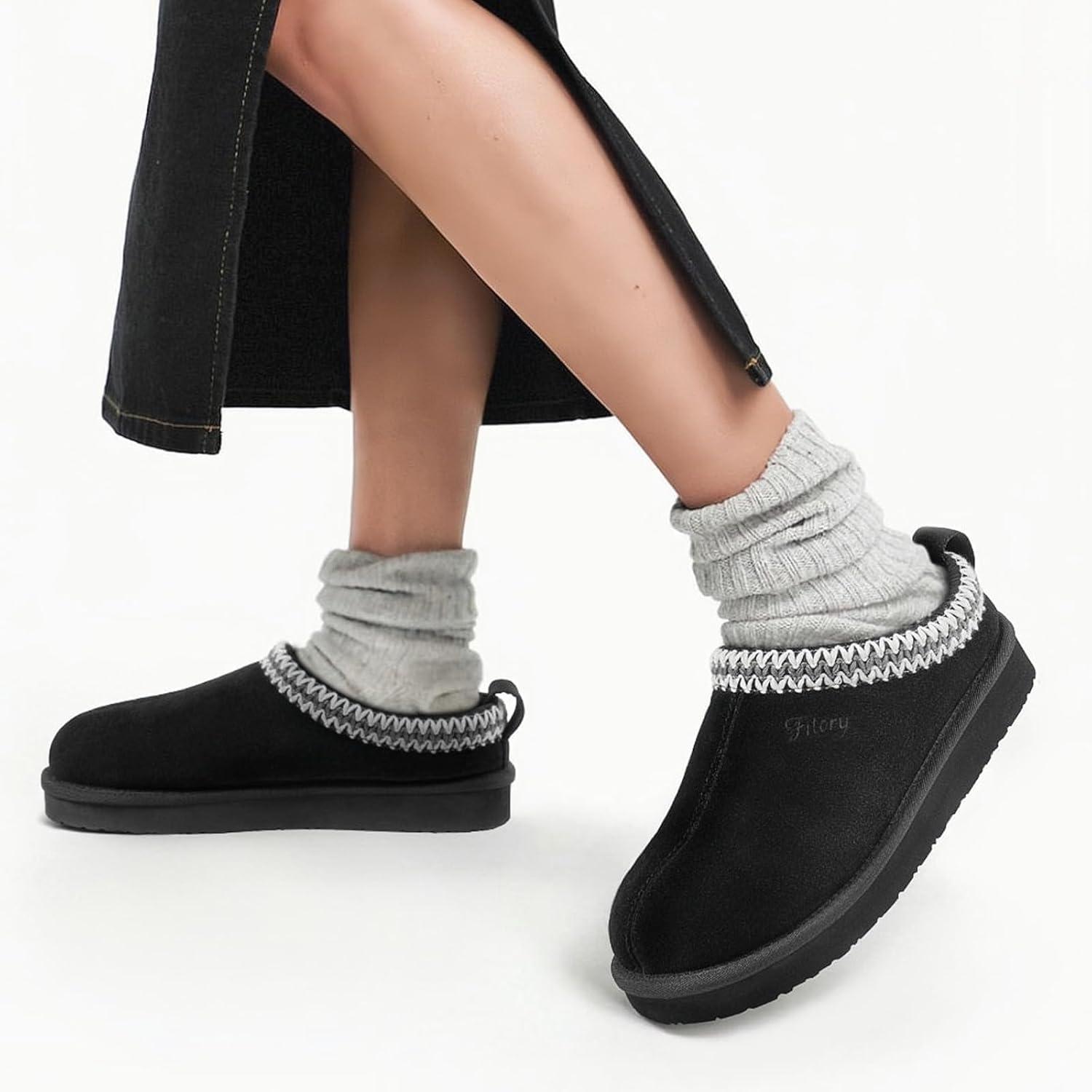 imageFITORY Womens Suede Slipper  Flat Short Mini Boots with Fur Fleece  Winter Casual Comfort ShoesBlack