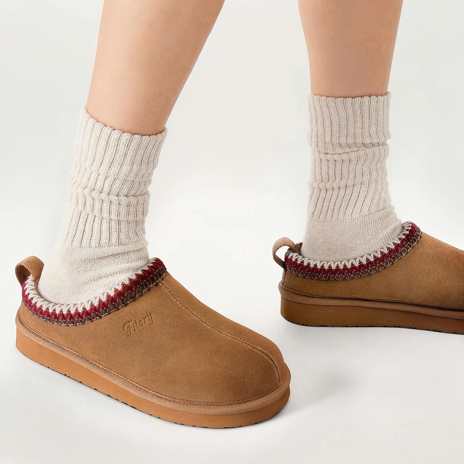 imageFITORY Womens Suede Slipper  Flat Short Mini Boots with Fur Fleece  Winter Casual Comfort ShoesChestnut