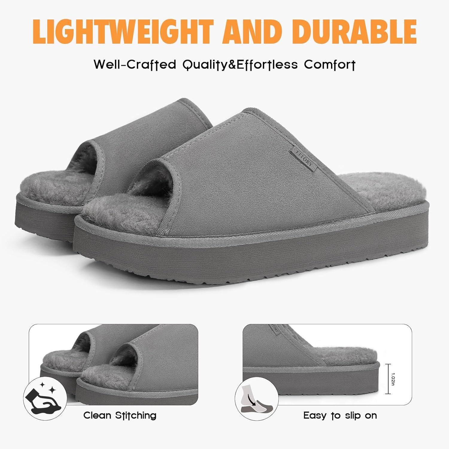 imageFITORY Womens Suede Slippers with Fuzzy Lined Open Toe  NonSlip IndoorOutdoor House Shoes for WinterDark Gray
