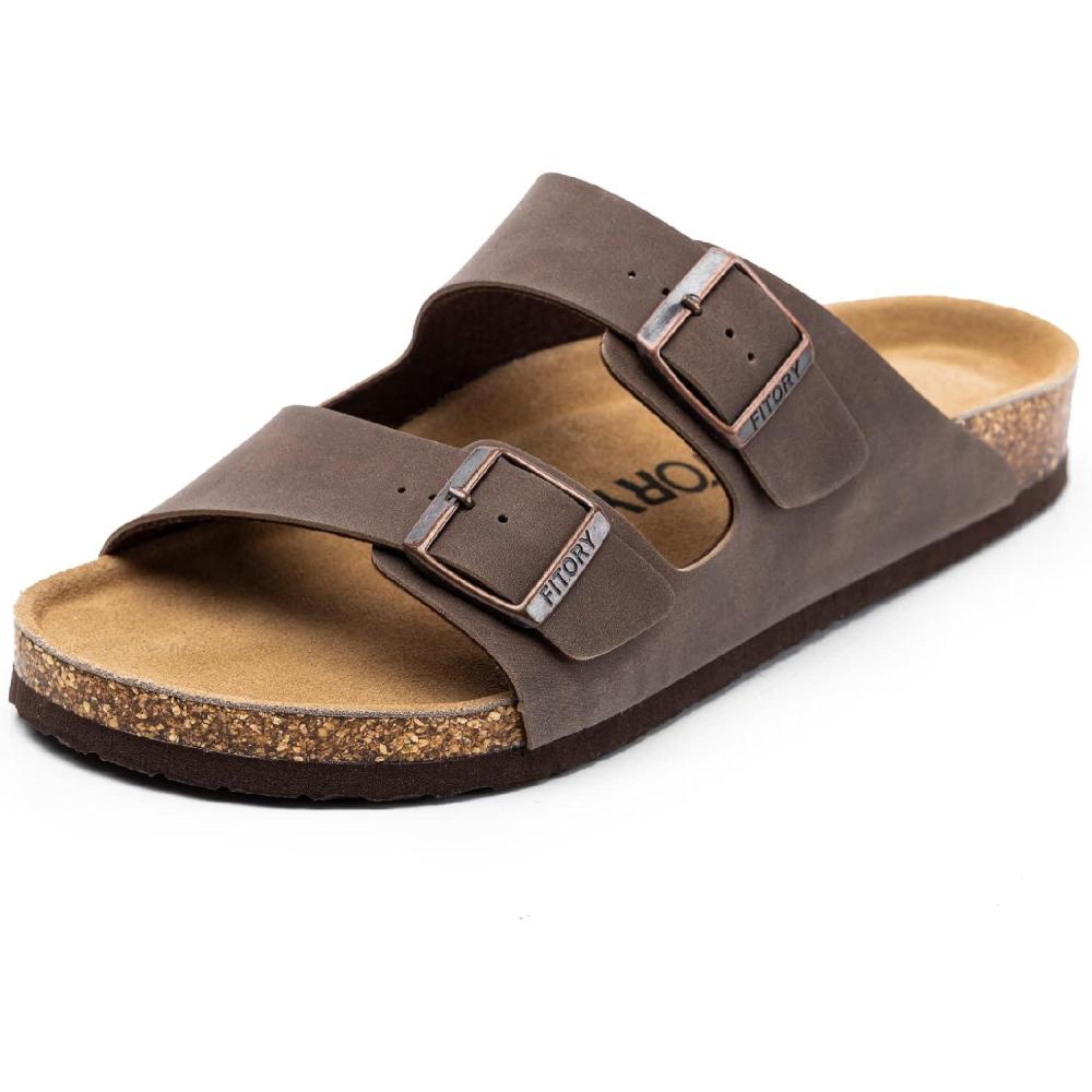 imageFITORY Mens Leather Insole Sandals with Two BucklesOpen Toe Slides for Indoor and Outdoor Size 7145Brown