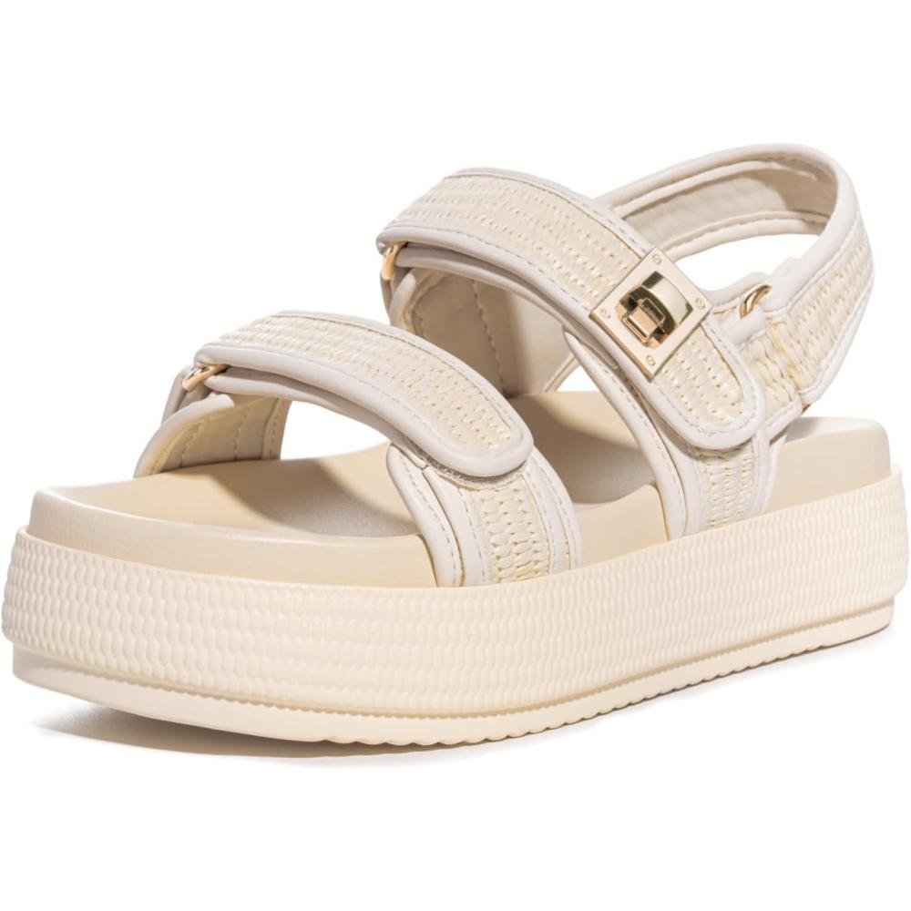imageFITORY Women Platform Sandals Comfortable Open Toe Beach Shoes with Adjustable Buckle Straps for Summer Size 611Beige