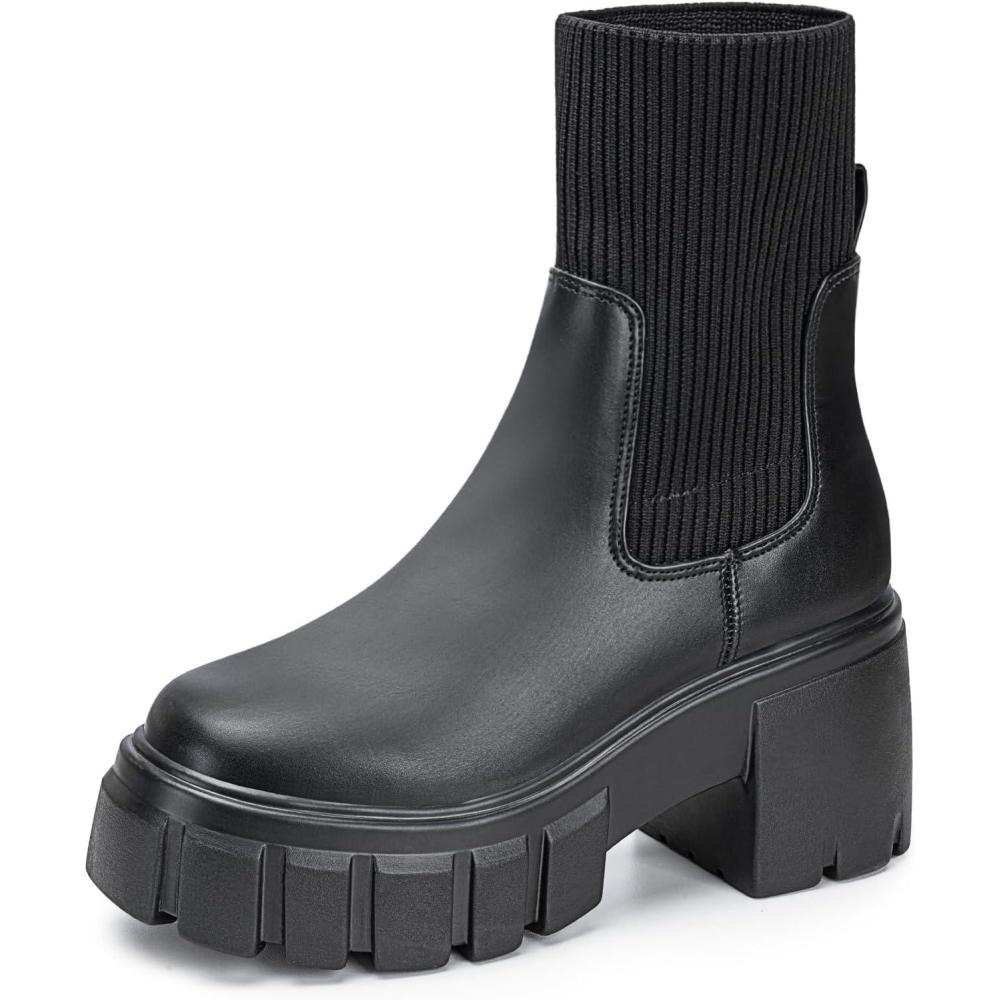 imageFITORY Womens Chelsea Boots Elastic Ankle Booties with Chunky Mid Heel and Lug Sole Comfy Trendy Slip on Shoes for Fall and Winter Size 611Heighteningblack