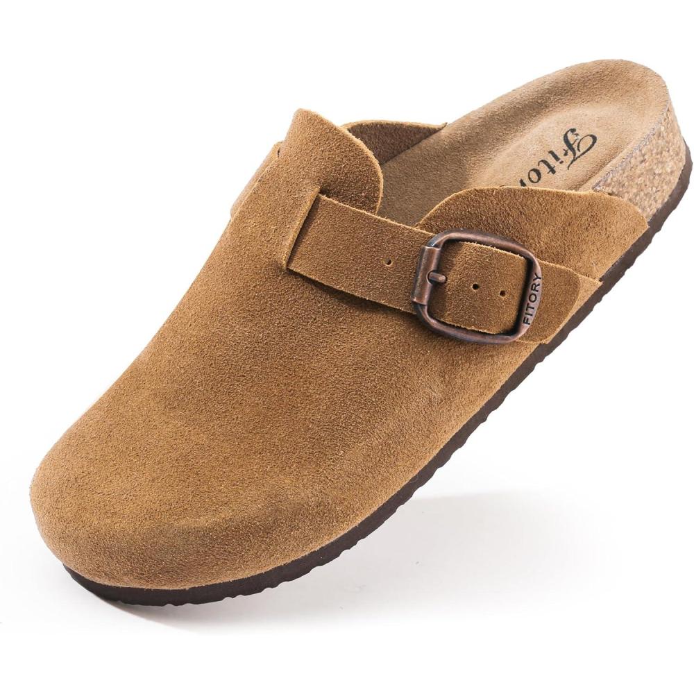 imageFITORY Womens Clogs Slipon Potato Shoes Leather Mules with Suede Cork Footbed Size 611Brown