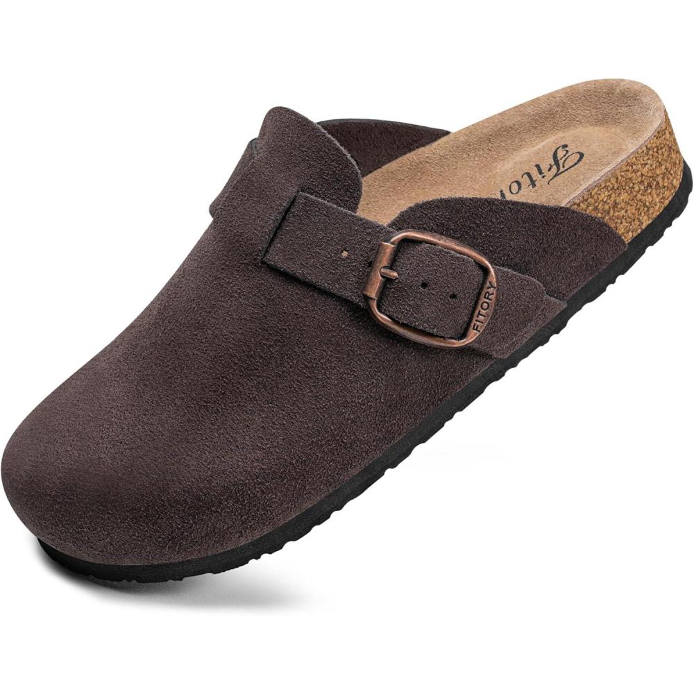 imageFITORY Womens Clogs Slipon Potato Shoes Leather Mules with Suede Cork Footbed Size 611Mocha