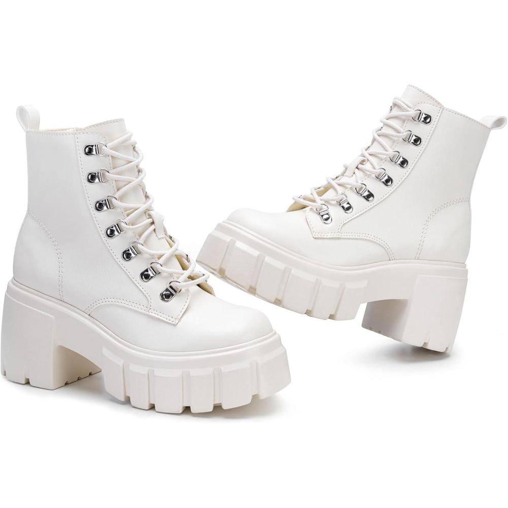 imageFITORY Womens Combat Boots Lightweight Lace up Side Zipper Ankle Botas High Heel Chunky Platform Lug Sole Booties Size 611Beige