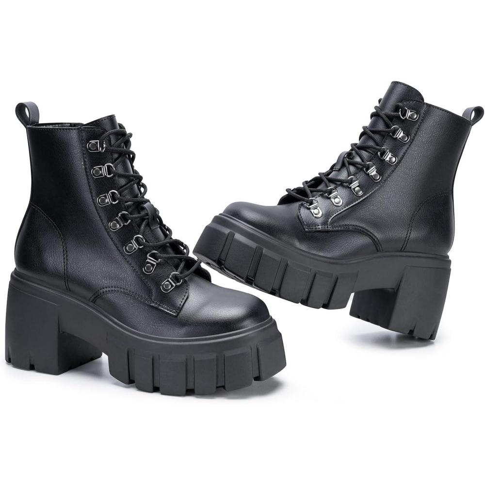 imageFITORY Womens Combat Boots Lightweight Lace up Side Zipper Ankle Botas High Heel Chunky Platform Lug Sole Booties Size 611Black