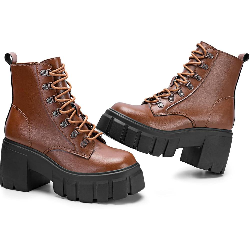 imageFITORY Womens Combat Boots Lightweight Lace up Side Zipper Ankle Botas High Heel Chunky Platform Lug Sole Booties Size 611Brown