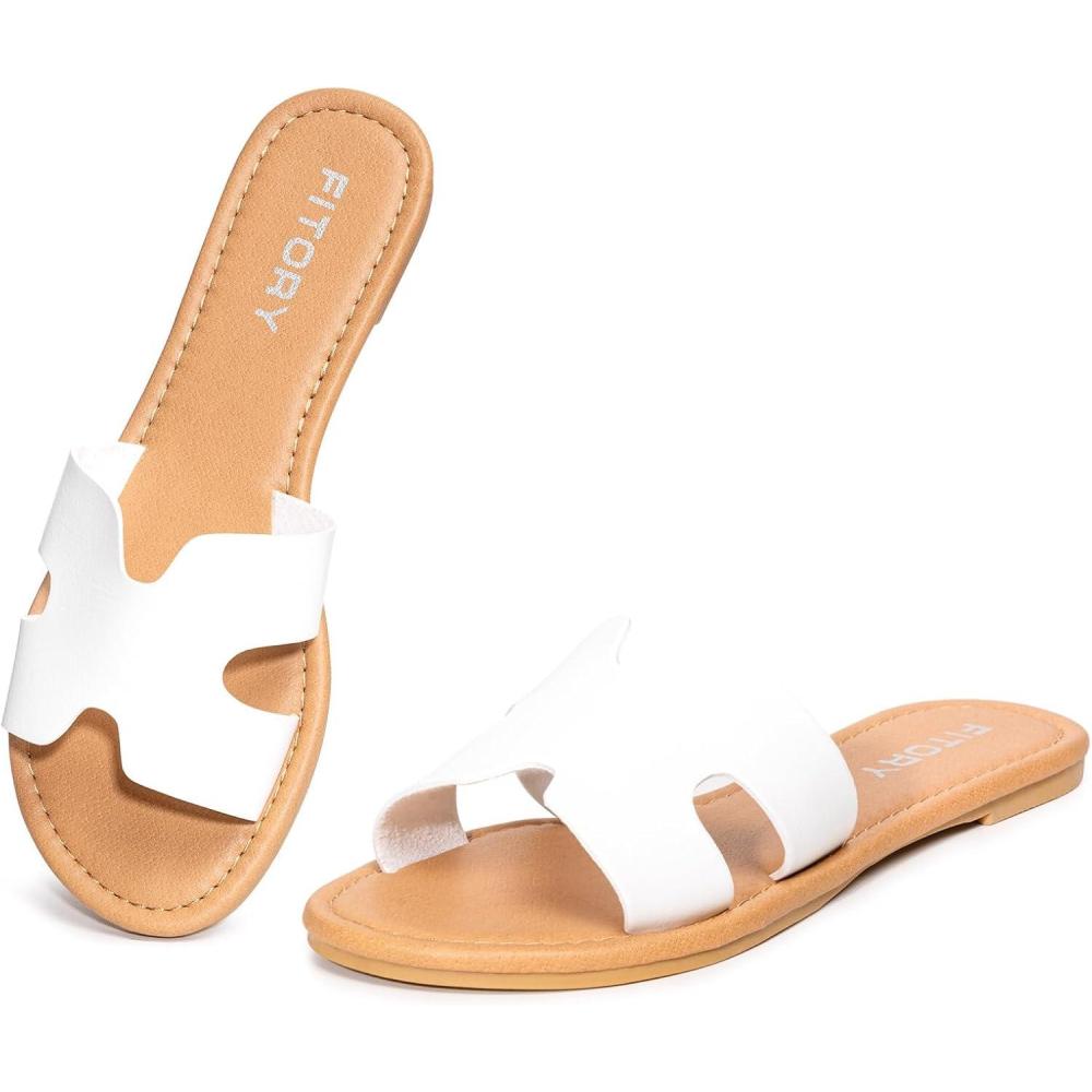 imageFITORY Womens Comfortable Dressy Leather Flat Sandals  Stylish ampamp Beautiful Summer Slides Size 611White