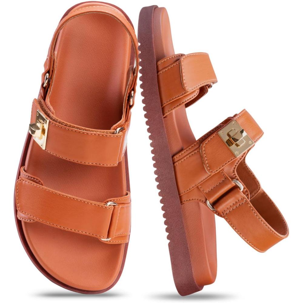 imageFITORY Womens Flat Sandals Classic Adjustable Double Strap with Cushioned Footbed for Summer Size 611Brown