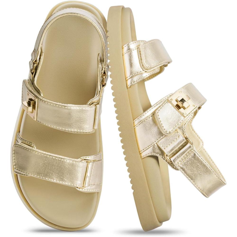 imageFITORY Womens Flat Sandals Classic Adjustable Double Strap with Cushioned Footbed for Summer Size 611Gold