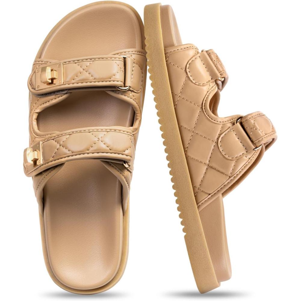 imageFITORY Womens Flat Sandals Classic Adjustable Double Strap with Cushioned Footbed for Summer Size 611Khaki2105