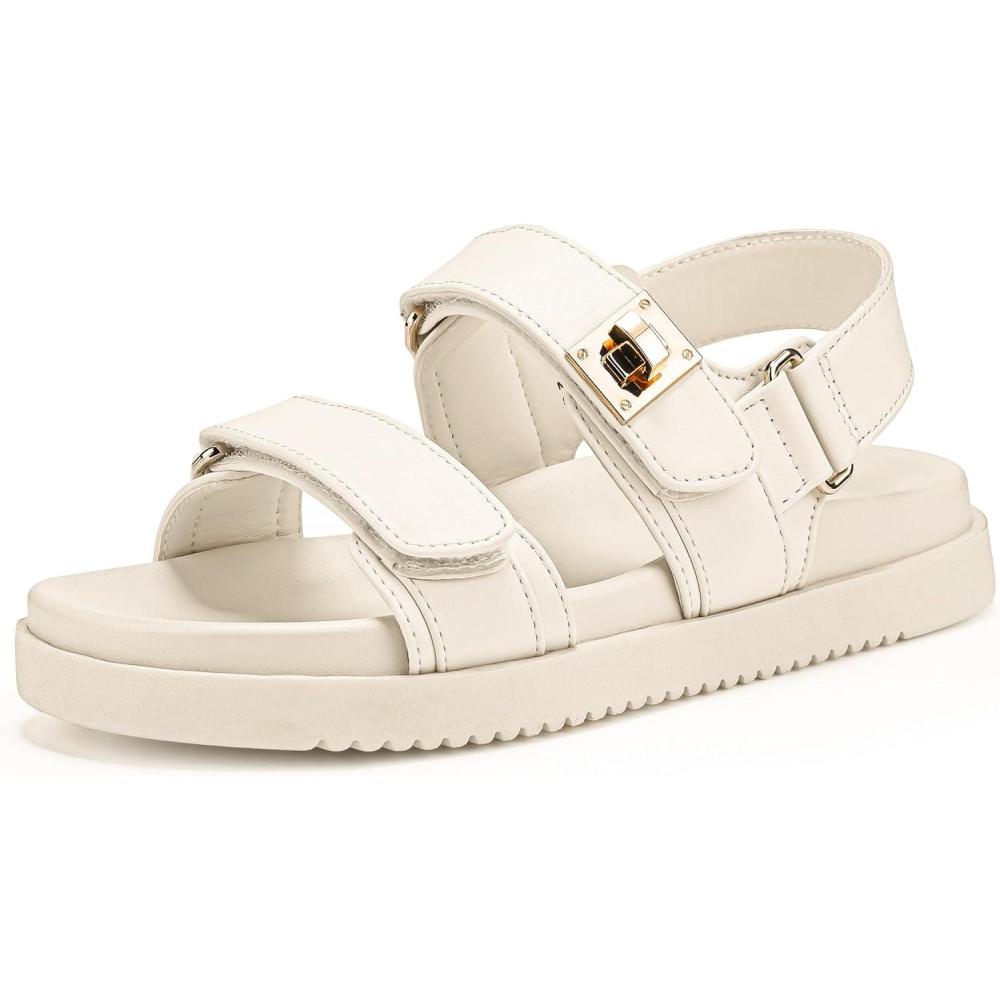 imageFITORY Womens Flat Sandals Classic Adjustable Double Strap with Cushioned Footbed for Summer Size 611White