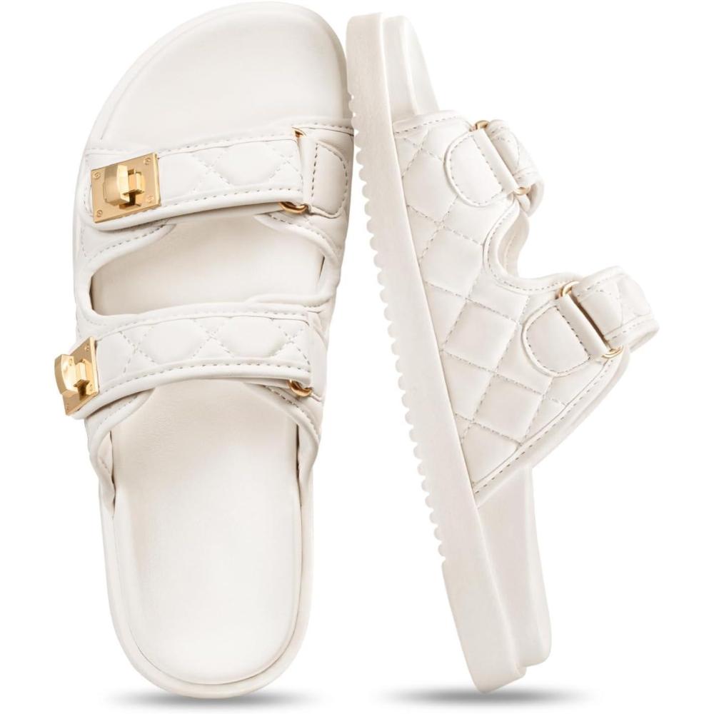 imageFITORY Womens Flat Sandals Classic Adjustable Double Strap with Cushioned Footbed for Summer Size 611White2105