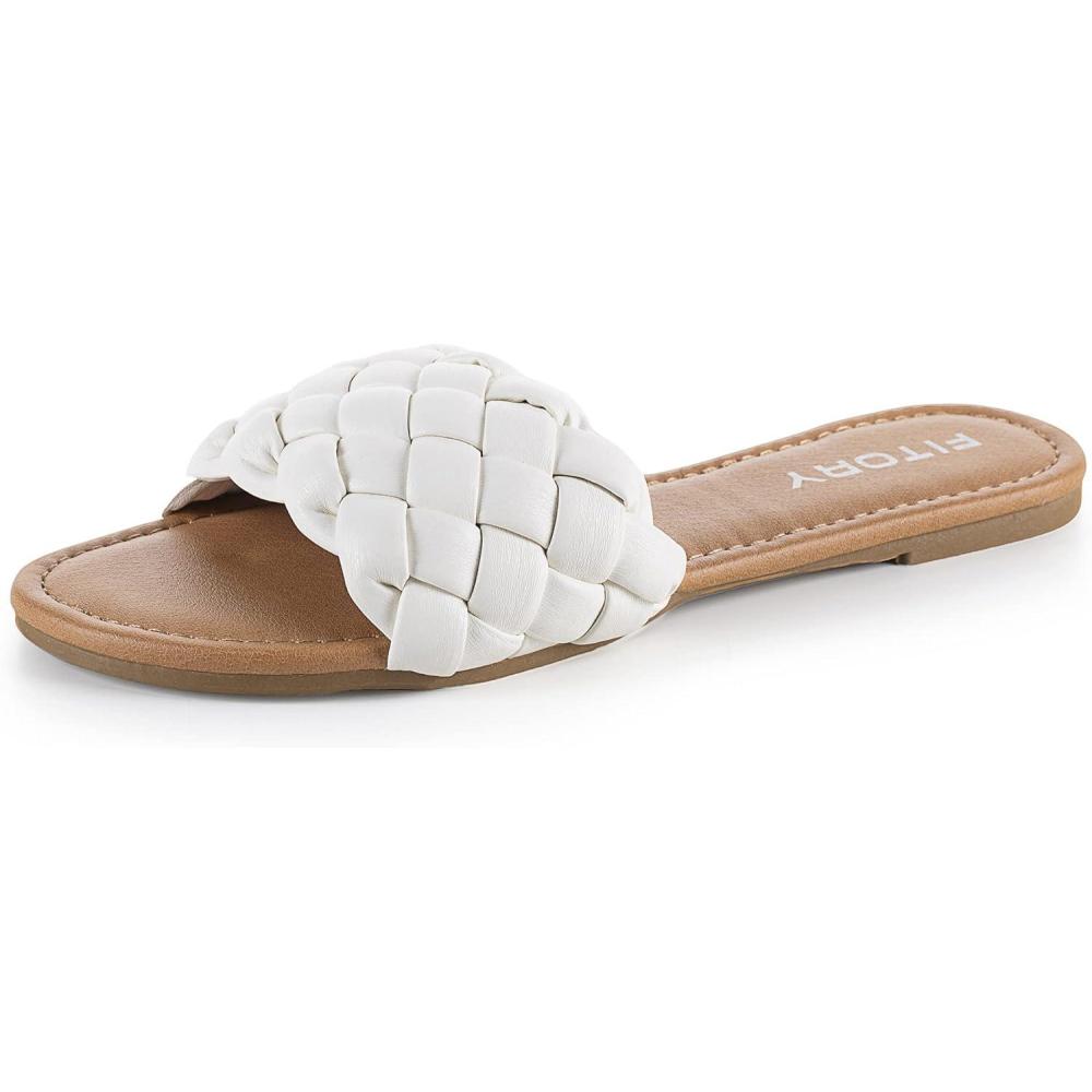 imageFITORY Womens Flat Sandals Fashion Round Open Toe Slip On Slides with Braided Strap Slippers for Summer Size 611